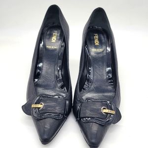 Fendi Black Leather& Patent Accent "B" Buckle Logo Pumps/Heels Pumps